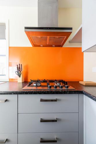 a stove top oven in a kitchen with an orange wall at Stylish 3 bedroom home in Palmerston North in Palmerston North