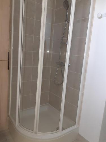 a shower with a glass door in a bathroom at appartement pour famille amis ou colègue in Cholet