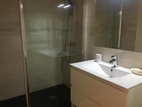 une salle de bain avec un lavabo et une douche dans l'établissement Appartement rénové centre Moulleau avec balcon et parking - FR-1-374-159, à Arcachon
