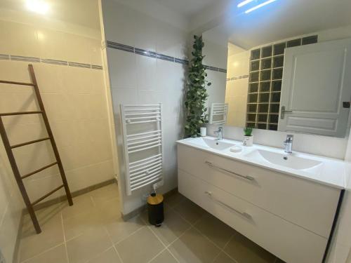 une salle de bain avec un lavabo et un miroir dans l'établissement Superbe T2 avec Wifi, terrasse 100m², parking au centre d'Arcachon - FR-1-374-207, à Arcachon