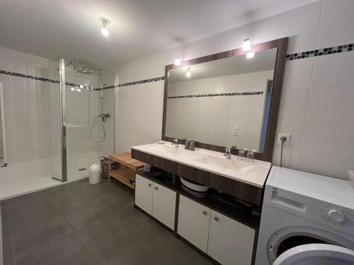 une salle de bain avec un lavabo et un miroir et une machine à laver dans l'établissement Charmant T3 à Arcachon avec terrasse et parking sécurisé - FR-1-374-233, à Arcachon