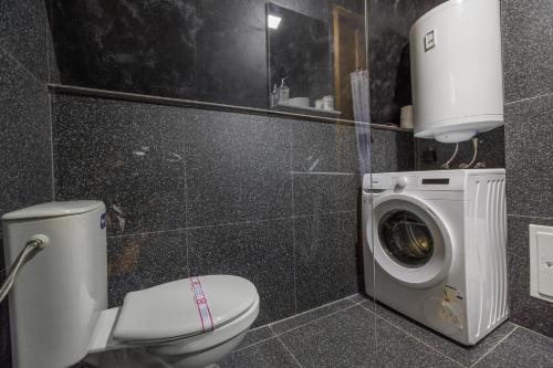a bathroom with a toilet and a washing machine at Woodland Brezna in Pluzine