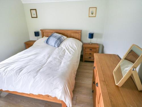 a bedroom with a bed and a wooden desk at Nead na bhFáinleog Swallows Nest in Aughrus More