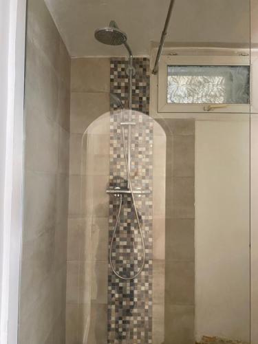 a shower in a bathroom with a tile wall at T2 Sartène centre ville in Portigliolo
