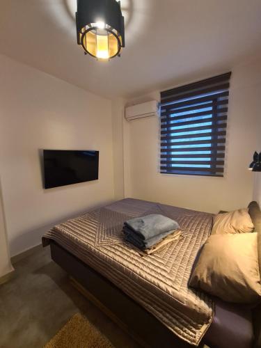 a bedroom with a bed and a flat screen tv at Черногория Квартира у моря in Rafailovici