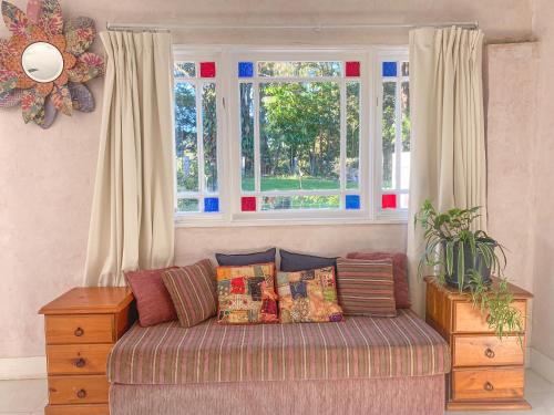 a couch in a living room with a window at Korora Hideaway in Coffs Harbour