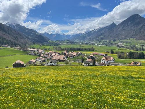 a village in a field of flowers in the mountains at Au Chant des Grillons - studio ensoleillé en Gruyère in Estavannens-Dessous