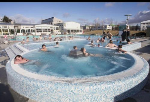 a group of people in a swimming pool at Beautiful and quiet apartment in city center- perfect location in Reykjavík