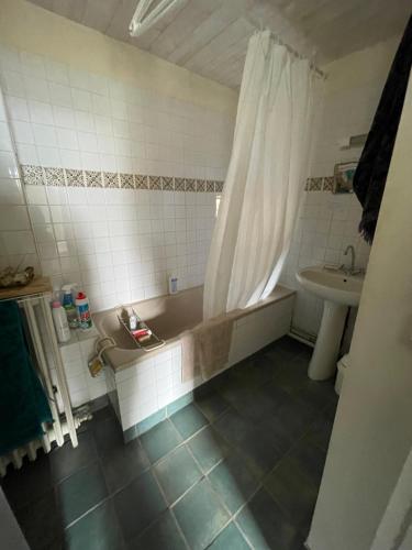 une salle de bain avec une baignoire et un lavabo dans l'établissement Maison de pêcheur petite vue mer centre village, à Villerville
