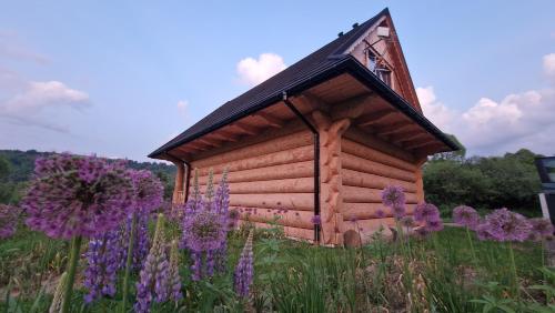 a cabin with purple flowers in front of it at Bieszczadzka Przygoda in Zatwarnica
