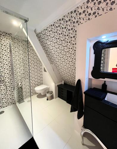 une salle de bain avec douche et toilettes dans l'établissement Château de Foussal, à Issigeac