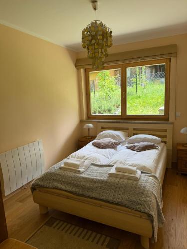 a bedroom with a large bed with a window at Cyrhla przy szlaku in Zakopane