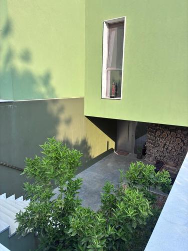 a green building with a window and some plants at FinIQ Boutiq Studios in Foiníki