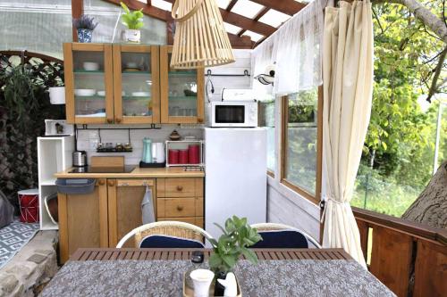 an rv kitchen with a table and a refrigerator at Noclegi u Renaty Międzybrodzie Bialskie in Międzybrodzie Kobiernickie