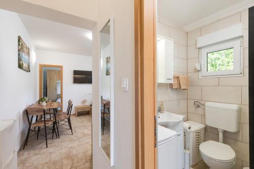 a bathroom with a toilet and a sink and a table at Lara apartment for two in Skrbčići