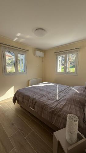 Áno DhiakoptónにあるGuesthouse Charitouの大きなベッドと2つの窓がある寝室