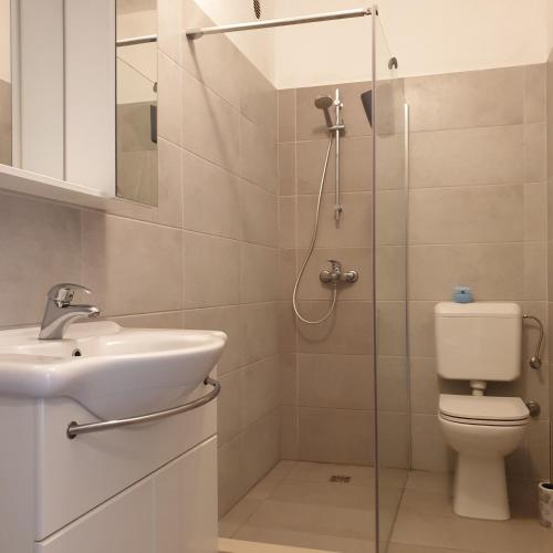 a bathroom with a shower and a toilet and a sink at On the beach apartments PAG in Dinjiška