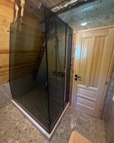 a glass shower in a room with a door at Villa Lazar in Žabljak