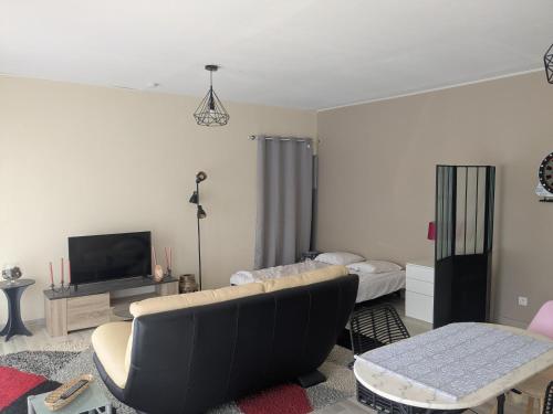 un soggiorno con un divano e una TV di studio ensoleillé a Beaucaire