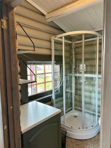 a large glass shower in a kitchen with a counter at Grasbakken hytteutleie in Nesseby