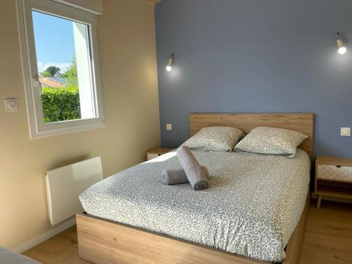 - une chambre avec un lit avec deux oreillers et une fenêtre dans l'établissement ღ Les Lauriers Roses - Calme, Terrasse & Parking, à Saint-Médard-dʼAunis