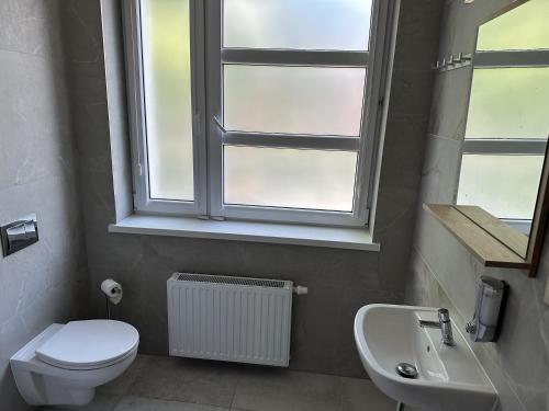 a bathroom with a toilet and a sink and a window at Mololo Art Hostel in Sopot
