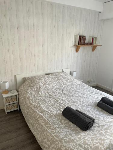 une chambre avec un lit avec deux oreillers dessus dans l'établissement Appartement terrasse piscine et accès plage, à Antibes