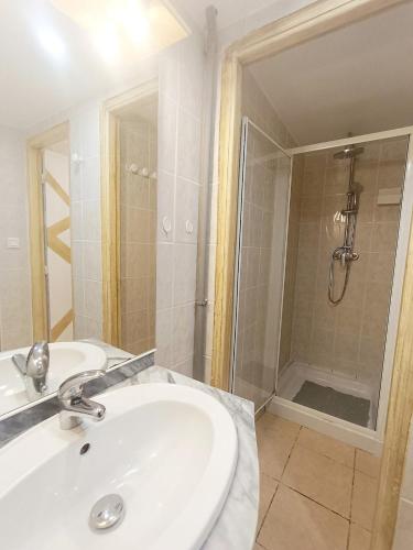 une salle de bain avec un lavabo et une douche dans l'établissement Duplex Cosy, piscine, Lac, au Barcarès