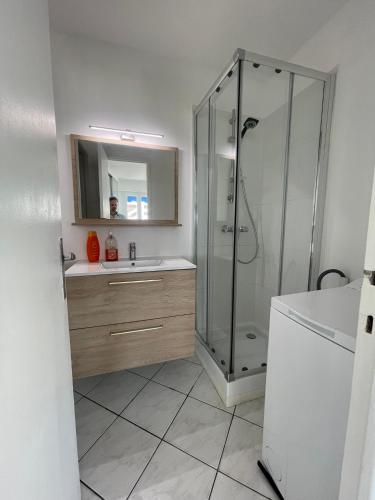 une salle de bain avec douche et lavabo dans l'établissement Studio à 5 minutes de la mer, à Drammont