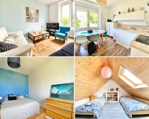 une pièce avec un grenier aménagé avec une chambre et un salon dans l'établissement LA MAISON DU STEIR - Villa Jardin en centre ville, à Quimper