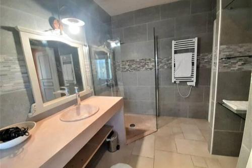 une salle de bain avec un lavabo et une douche dans l'établissement Le Moulin aux Lavandes, à Redortiers