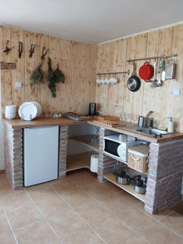 a kitchen with wooden walls and a counter with a sink at NyugtatLak in Balatonalmádi