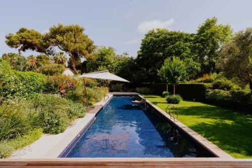 a swimming pool in a garden with an umbrella at Carmelo Vineyard Villa in Nof Yam