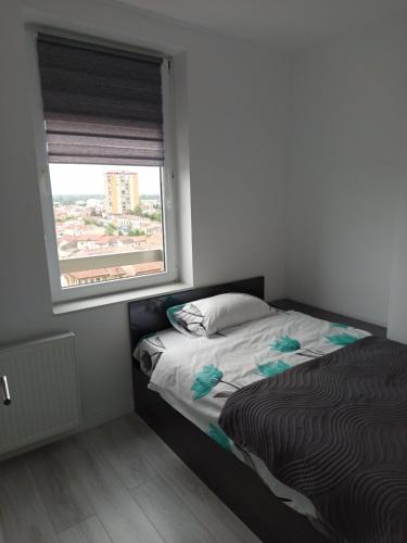a small bedroom with a bed with a window at MaFi apartment in Bitola