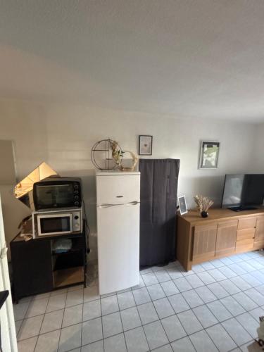 une cuisine avec un réfrigérateur et un micro-ondes dans l'établissement Appartement Royan, à Vaux-sur-Mer