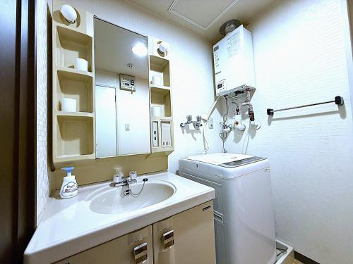 Un baño con lavabo y lavadora. en ParkResidence -Family room-, en Sapporo