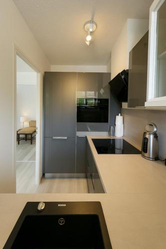 une cuisine avec un évier et un plan de travail dans l'établissement Apartment for 6 with garden near beach, à Bandol