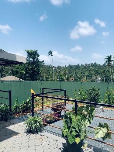 a garden with plants in front of a green fence at MIDDLE WAYANAD HOLYDAY Inn in Kaniyāmbetta