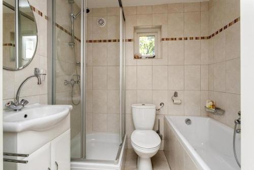 a bathroom with a toilet and a tub and a sink at Het Boshoekje Bosweg 6 Burgh-Haamstede in Burgh Haamstede
