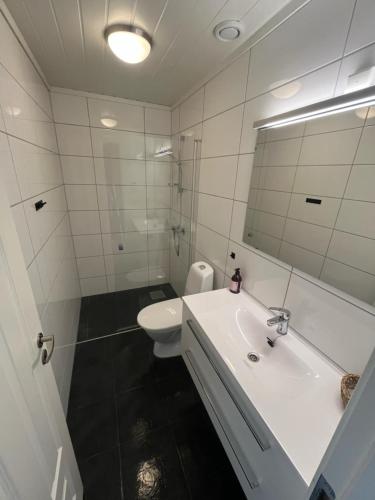 a white bathroom with a toilet and a sink at Apartment Øvre Tråstølen - Voss in Vossevangen