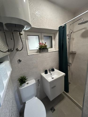 a bathroom with a toilet and a sink and a shower at Fisherman's House Gušti in Kamenari
