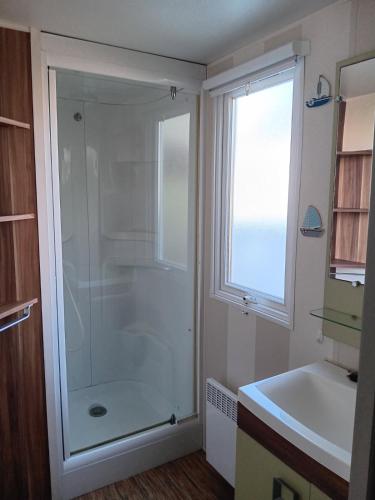 a bathroom with a shower and a sink at Camping La Prévoté in Saint-Hilaire-de-Riez