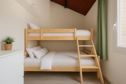 a wooden bunk bed with a ladder in a room at Brand new beachhouse Sand & Meer - Near beach in Bruinisse