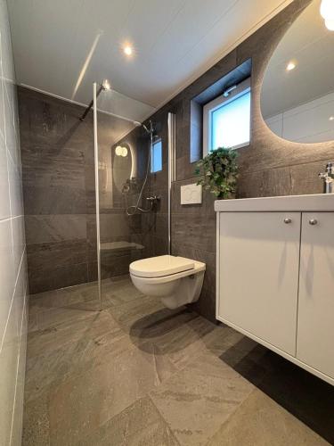 a bathroom with a toilet and a glass shower at Brand new beachhouse Sand & Meer - Near beach in Bruinisse