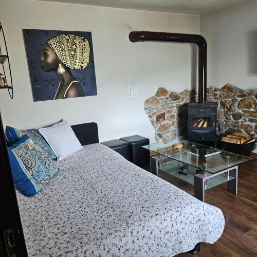 a bedroom with a bed and a fire place at Boutique house in Devin