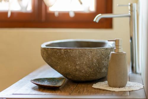 a stone bowl sink with a soap bottle on a counter at La Casa nel Borgo in San Felice del Benaco