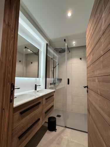 une salle de bain avec un lavabo et une douche dans l'établissement Résidence Les Chalets - Magnifique 4 pièces 73m2, 6 personnes, proche des pistes - Méribel Mottaret, à Les Allues