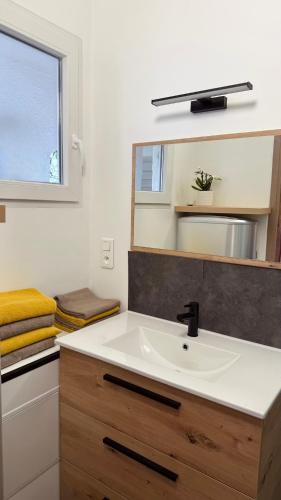 une salle de bain avec un lavabo et un miroir dans l'établissement Beach cabin studio, à Argelès-sur-Mer
