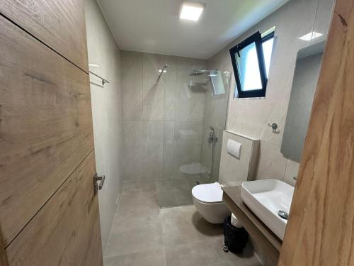 a bathroom with a toilet and a sink and a shower at Vila Milo in Himare