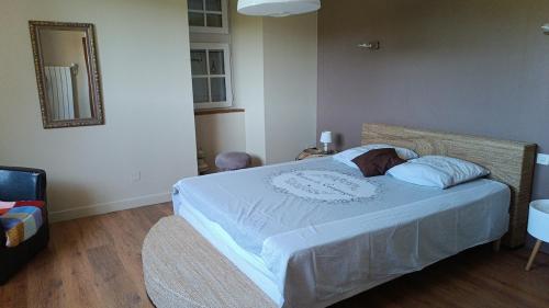 une chambre avec un grand lit dans une pièce dans l'établissement Maison de campagne, à Castelnau-de-Montmiral